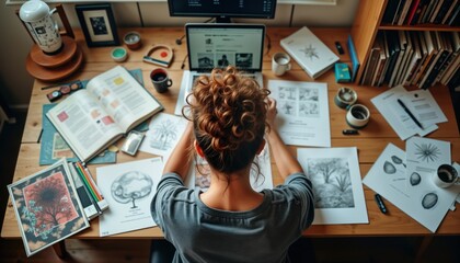 Woman working at home office. Creative person concentrates on art projects. Lots of papers, art supplies cover desk. Looks like freelancer artist. Busy workspace. Possible use for home office,