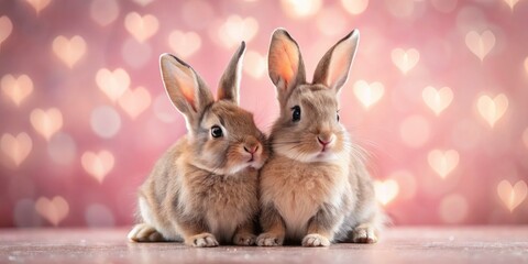 Fototapeta premium Valentine's Day Rabbits Hugging, Pink Panoramic Banner, Cute Couple, Romantic Love