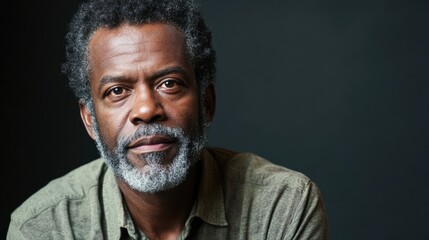 Middle aged African American man with a thoughtful expression in a studio portrait showcasing natural lighting and rich textures.