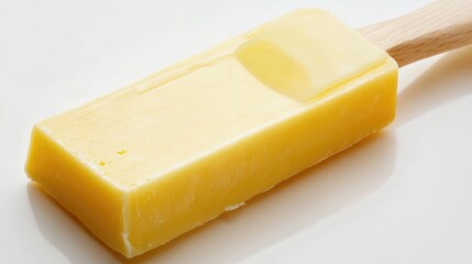 Raclette cheese block with wooden spatula perfect for fondue serving and culinary presentations in a kitchen setting