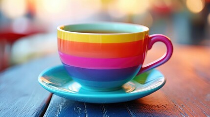 Vibrant Rainbow Teacup on Colorful Wooden Table Displaying a Spectrum of Bright Colors for a Cheerful Atmosphere