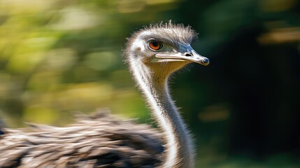 Dynamic portrait of an ostrich in motion showcasing its unique features against a blurred natural background