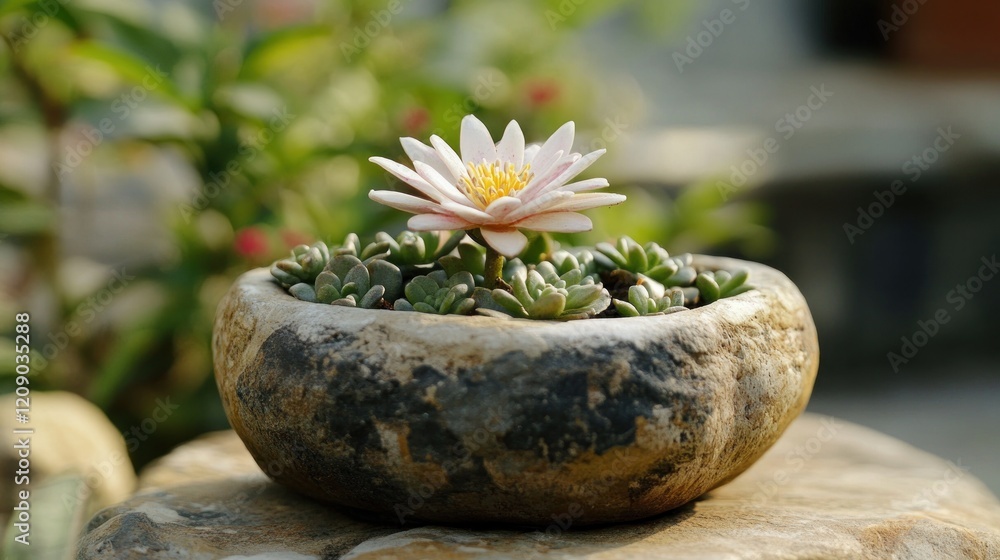 Wall mural A Delicate White Flower in a Stone Planter