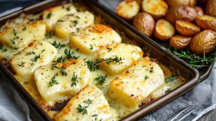 Raclette cheese melted on a tray accompanied by roasted baby potatoes and fresh herbs for a hearty meal