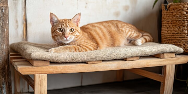 A serene ginger cat gazes directly at the camera while lounging on a wooden cat tree shelf, bathed in warm sunlight. Cat lounging on wooden cat tree, sunlit background