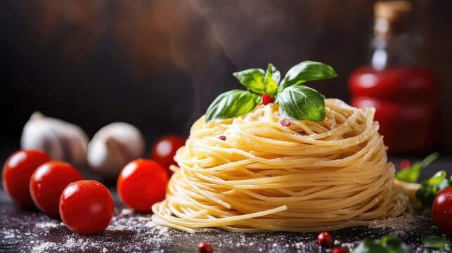 Pasta Nest with Fresh Basil Leaves Surrounded by Cherry Tomatoes and Garlic on a Dark Background with a Bottle of Sauce.