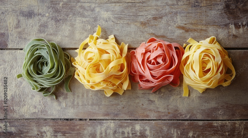 Poster different types of raw pasta arranged in colorful nests on a rustic wooden table background