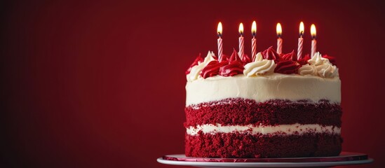 Delicious red velvet birthday cake adorned with lit candles on a vibrant red backdrop showcasing a space for personalized text