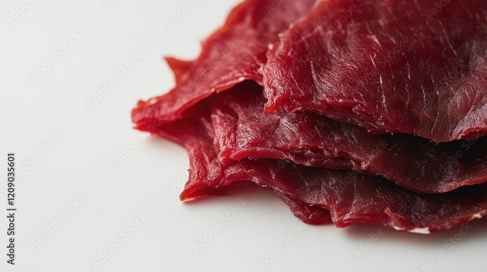 Poster fresh raw beef slices displayed on a bright white background highlighting the rich red color and tex