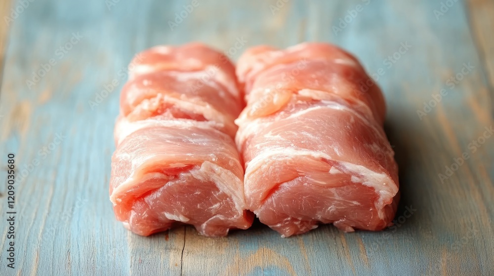 Poster Fresh raw pork chops neatly arranged on a rustic wooden surface ready for cooking or preparation in a culinary setting.
