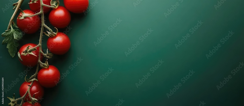 Poster Close up of vibrant red tomatoes on vine against a dark green background with ample negative space for text and branding elements.