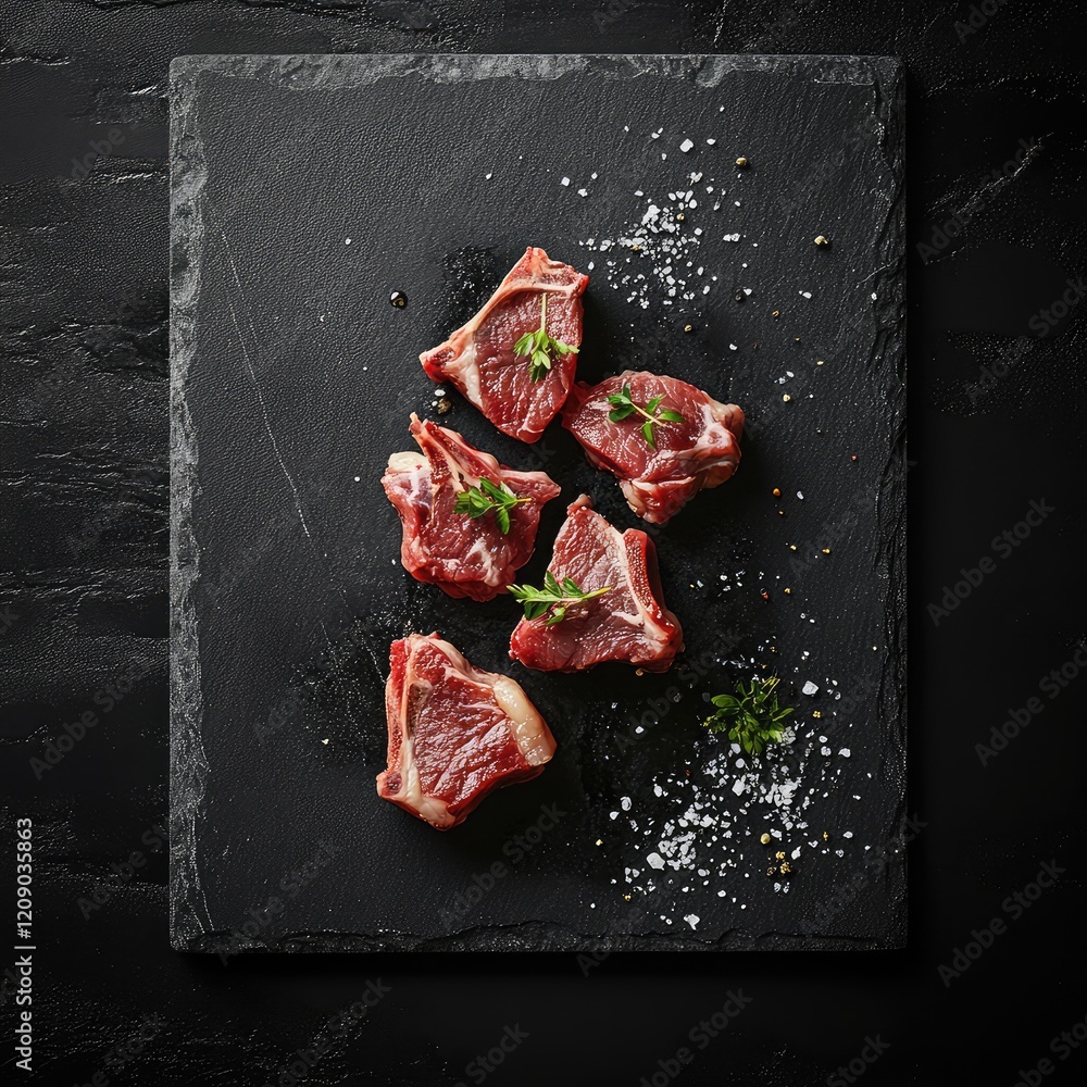 Poster raw lamb chops on dark slate surface with fresh thyme and spices on wooden board top view compositio