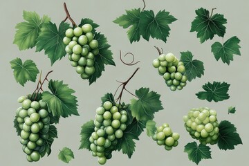 Obraz premium A realistic vector of fresh green grapes and leaves, emphasizing their vibrant color and natural details.