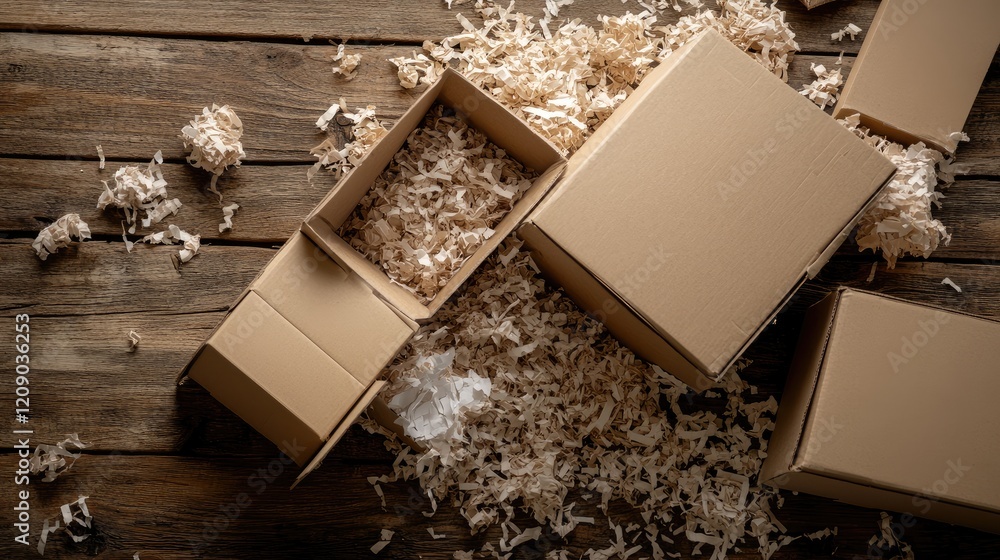 Poster cardboard boxes with paper shreds overflowing on rustic wooden table suitable for e-commerce product