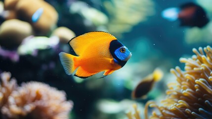 Obraz premium Vibrant Coral Reef Aquarium Scene with Colorful Fish Swimming Amidst Lush Marine Life and Coral Structures