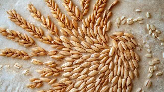 Assorted shades of raw brown integral rice and rice grains artistically arranged on a textured beige surface showcasing organic shapes and natural aesthetics.