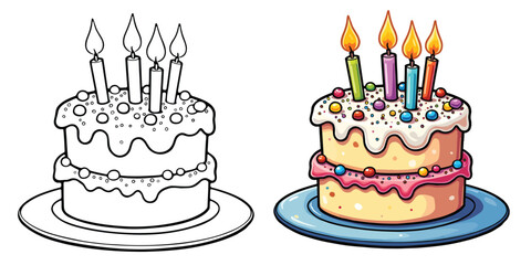 Birthday Cake Line Art Vector Illustration Black and White with Coloring Sample. Bold and Easy Food, Fruits, Sweets, Drinks, Dessert, and Snacks Coloring Pages for Adults and Kids