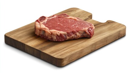 Fresh ribeye steak displayed on a light wooden cutting board with a smooth surface and clean edges, shot in natural lighting
