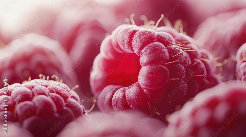 Poster close up of fresh raspberries in soft red tones on light background capturing the textures and detai