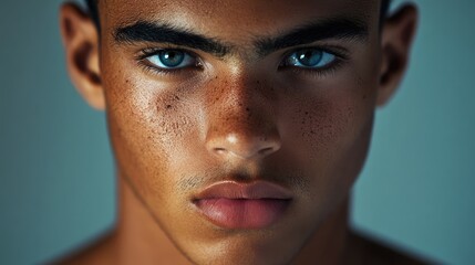 Intense close-up portrait of a young biracial man with striking blue eyes and freckles, featuring a soft neutral background and warm skin tones.