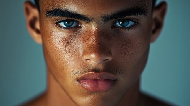 Intense close-up portrait of a young biracial man with striking blue eyes and freckles, featuring a soft neutral background and warm skin tones. - Powered by Adobe
