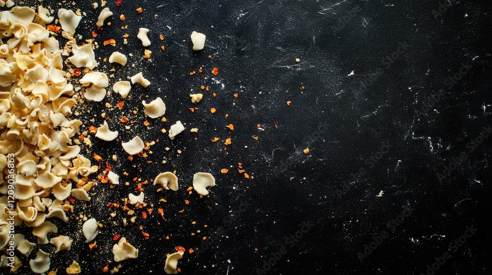 Poster curled raw pasta scattered on a textured black surface with ample space for culinary text and design
