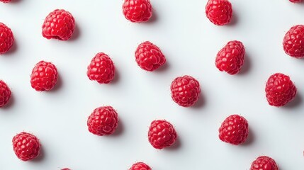 Fresh red raspberries meticulously arranged in a symmetrical pattern on a clean white background, showcasing vibrant colors and textures.