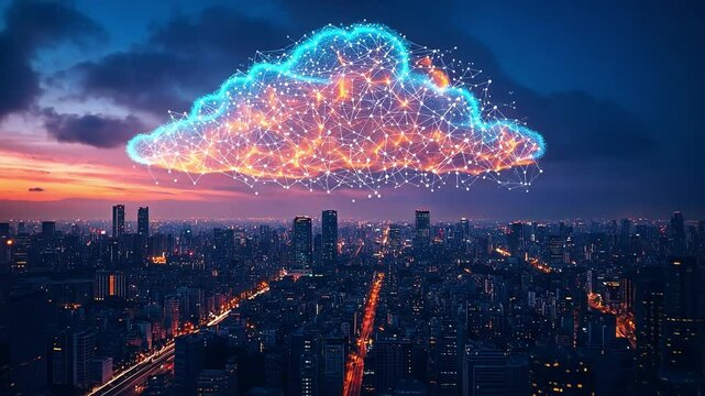 Cloud Computing Over Cityscape: A glowing cloud symbolizing cloud computing and data storage hovers above a vibrant cityscape at dusk, evoking themes of connectivity, innovation.