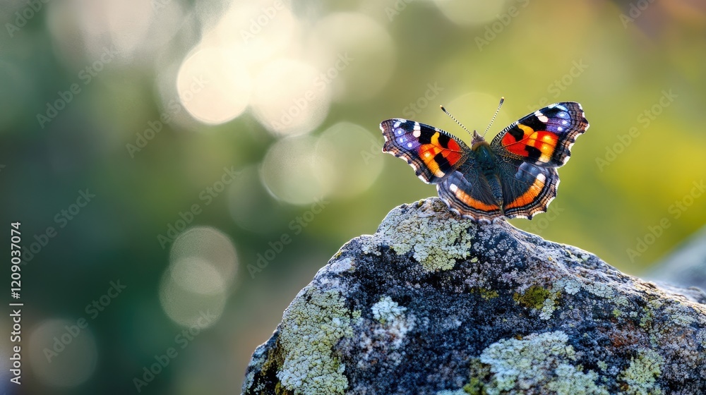 Poster red admiral butterfly resting on lichen covered rock with soft bokeh background in natural setting
