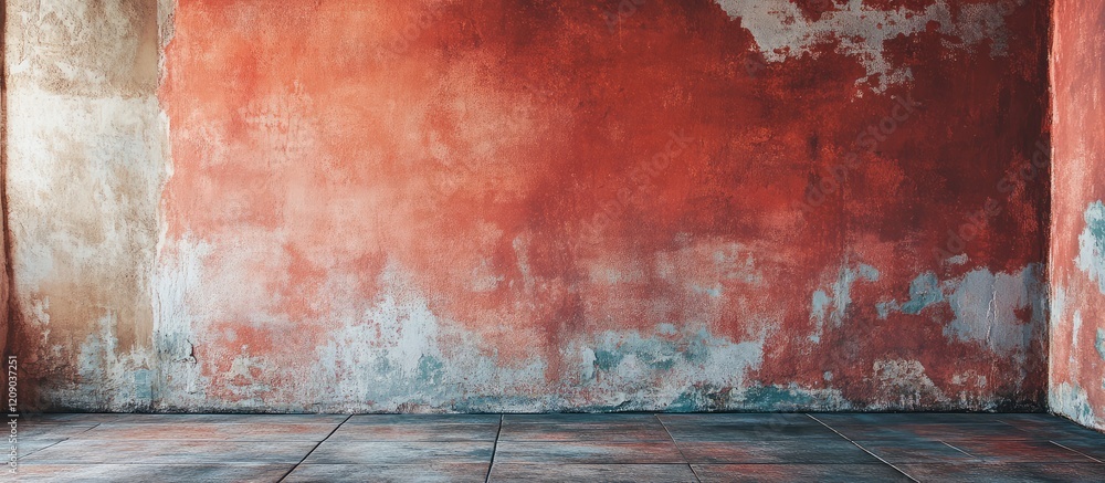 Poster red weathered backdrop with textured vintage wall design featuring eroded paint and copy space on fl