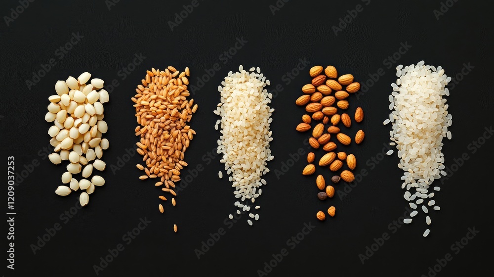 Poster assorted raw rice kernels of various types displayed on a dark background showcasing their textures 