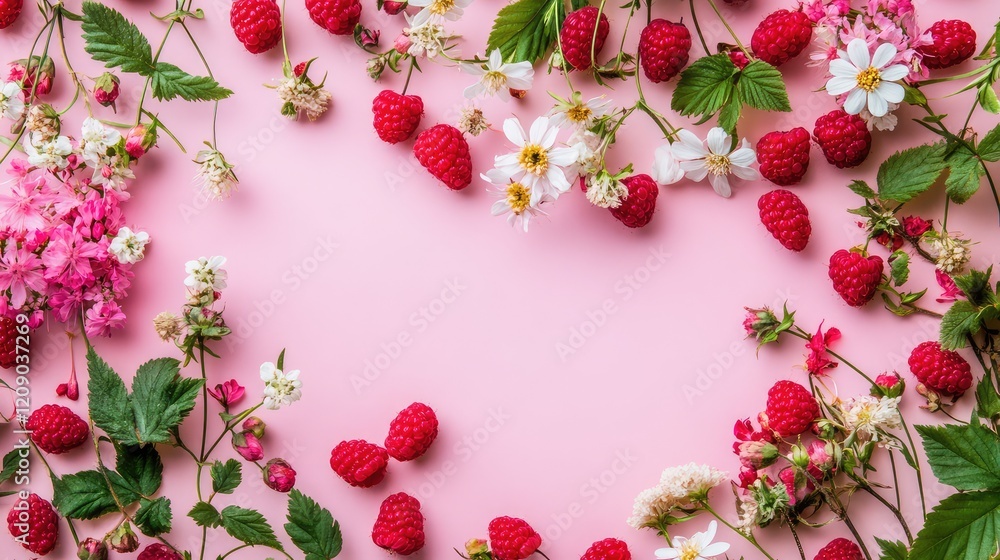 Poster raspberry red berries and delicate white flowers arranged on a soft pink background, creating a vibr