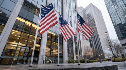 American flags outside city skyscraper, winter day.  Stock photo for finance, business news