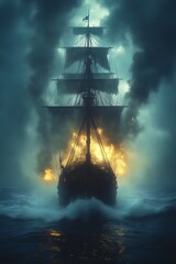 Burning ship at sea in stormy weather.