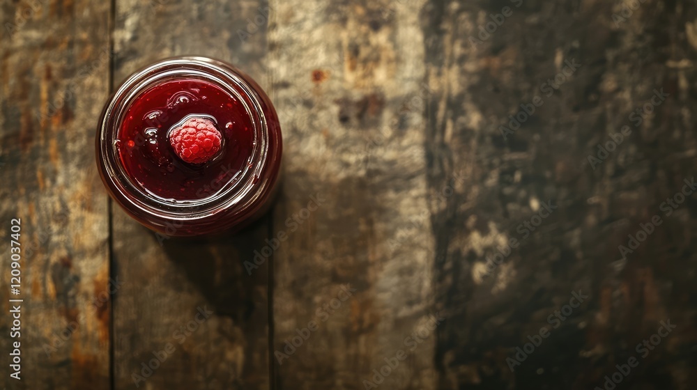 Poster top view of raspberry jam jar with fresh raspberry on rustic wooden table, focus on vibrant red colo