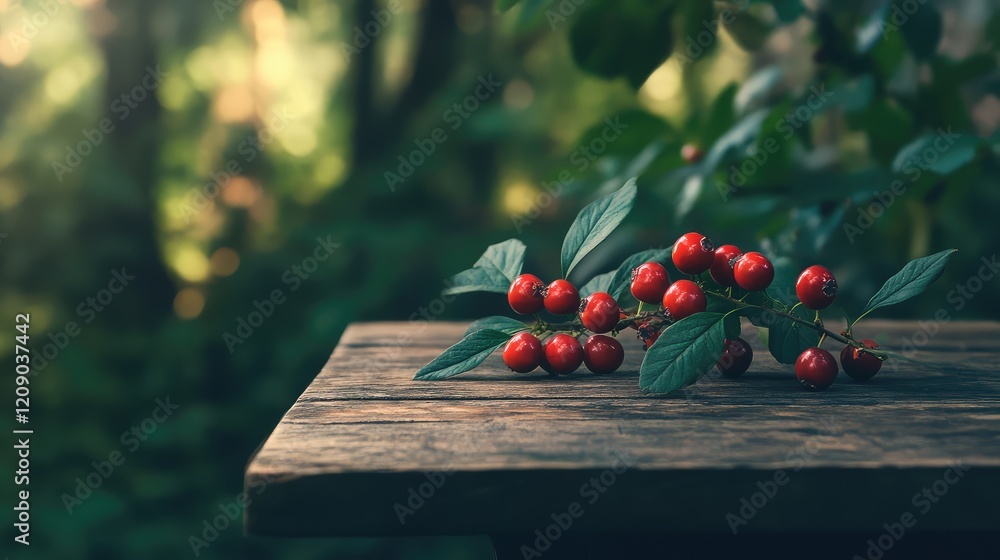 Poster close up of vibrant red ripe and raw lingonberries with green leaves on rustic wooden table in seren