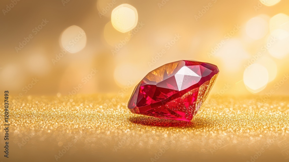 Poster a macro shot of a faceted ruby reflecting deep red hues against a golden background.