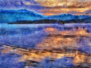 Landscape of lake and colors Chalk paint Illustrations creates art style impressionism of painting.
