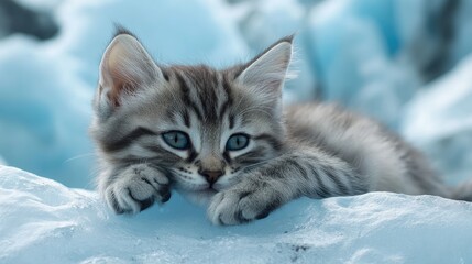 Playful kitten relaxing on a glacier with vibrant ice background showcasing serene winter landscape and adorable feline presence