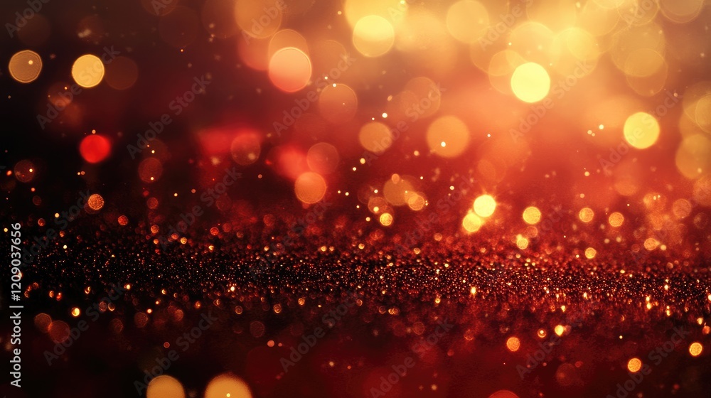 Poster warm red and gold shimmering bokeh background with sparkling glitter creating an abstract defocused 