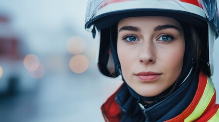 Young European female firefighter in helmet and protective gear with blue eyes looking confidently at the camera, blurred emergency scene background.
