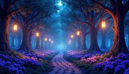 Fototapeta premium Mystical night forest path glows with warm light. Enchanted path winds through trees. Beautiful flowers line pathway. Magical scene evokes fantasy tale. Trees lanterns hanging from branches. Foggy