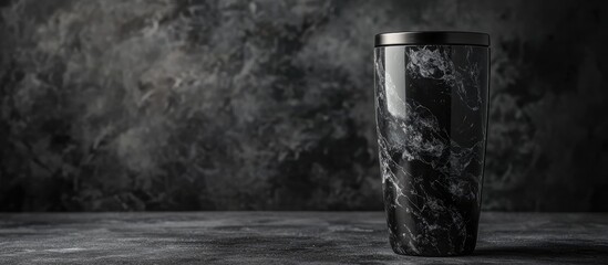 Stainless Steel Insulated Tumbler with Black Marble Design on Dark Grey Surface, Featuring Copy Space for Textual Content