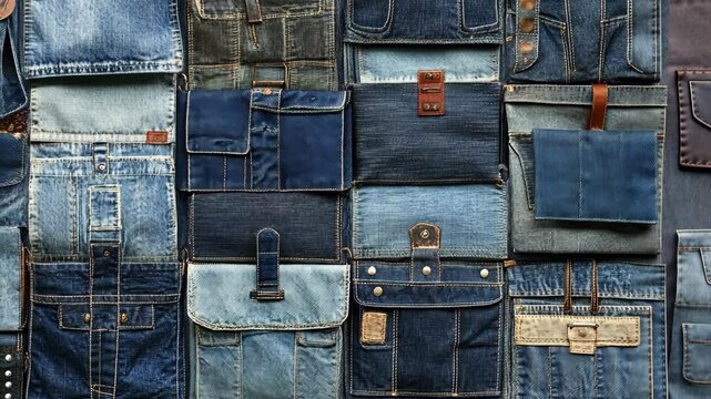 Denim fabric collage showcasing various pockets and styles in a vibrant arrangement