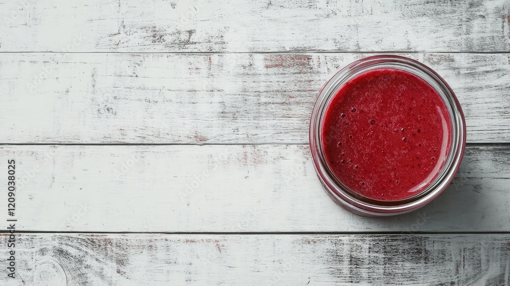 Poster raspberry smoothie in glass jar on rustic white wooden surface with ample negative space for text. v