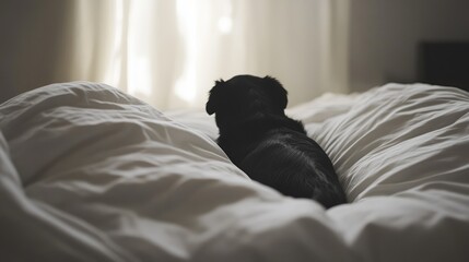 Dog relaxing on a duvet with a soft light backdrop creating a cozy and inviting atmosphere in a serene bedroom setting