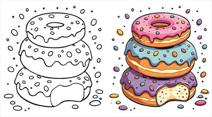 Doughnuts Line Art Vector Illustration Black and White with Coloring Sample. Bold and Easy Food, Fruits, Sweets, Drinks, Dessert, and Snacks Coloring Pages for Adults and Kids