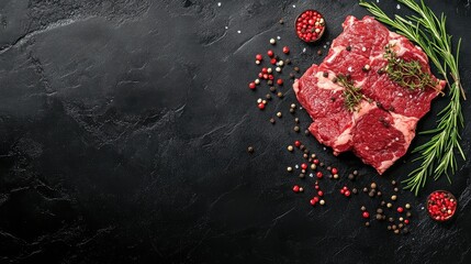 Fresh Raw Beef Rib Steak Garnished with Rosemary and Pink Peppercorns on Elegant Black Slate Background with Colorful Pepper Medley