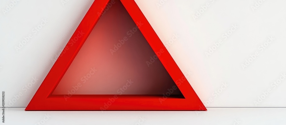 Poster red geometric triangle positioned on pristine white background creating ample negative space for tex