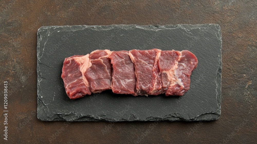 Poster fresh raw organic beef slices displayed on a dark slate plate with ample space for text or product d